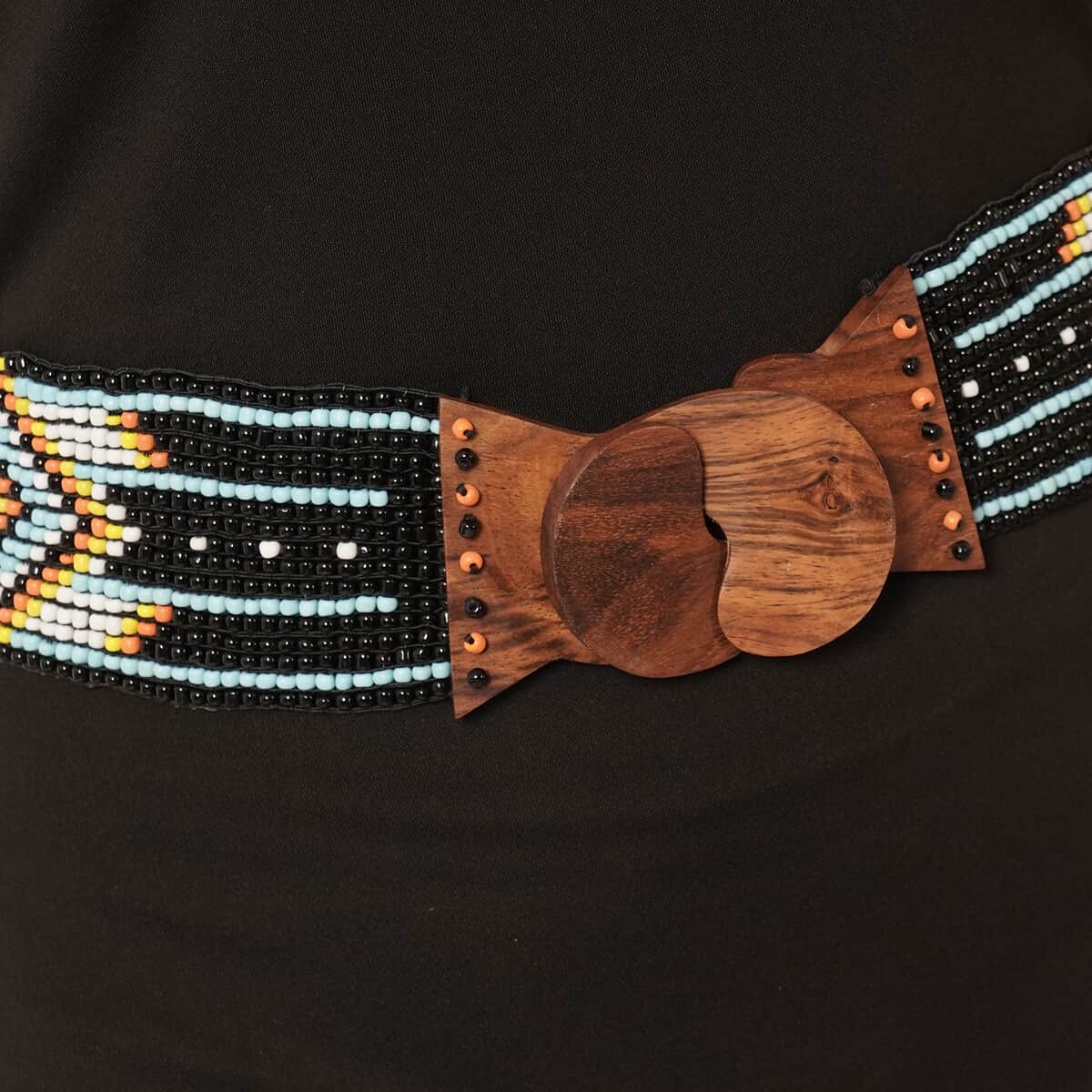 Handcrafted Multi Color Tribal Pattern Seed Beaded Stretchable Belt with Wooden Buckle (Stretchable) image number 4