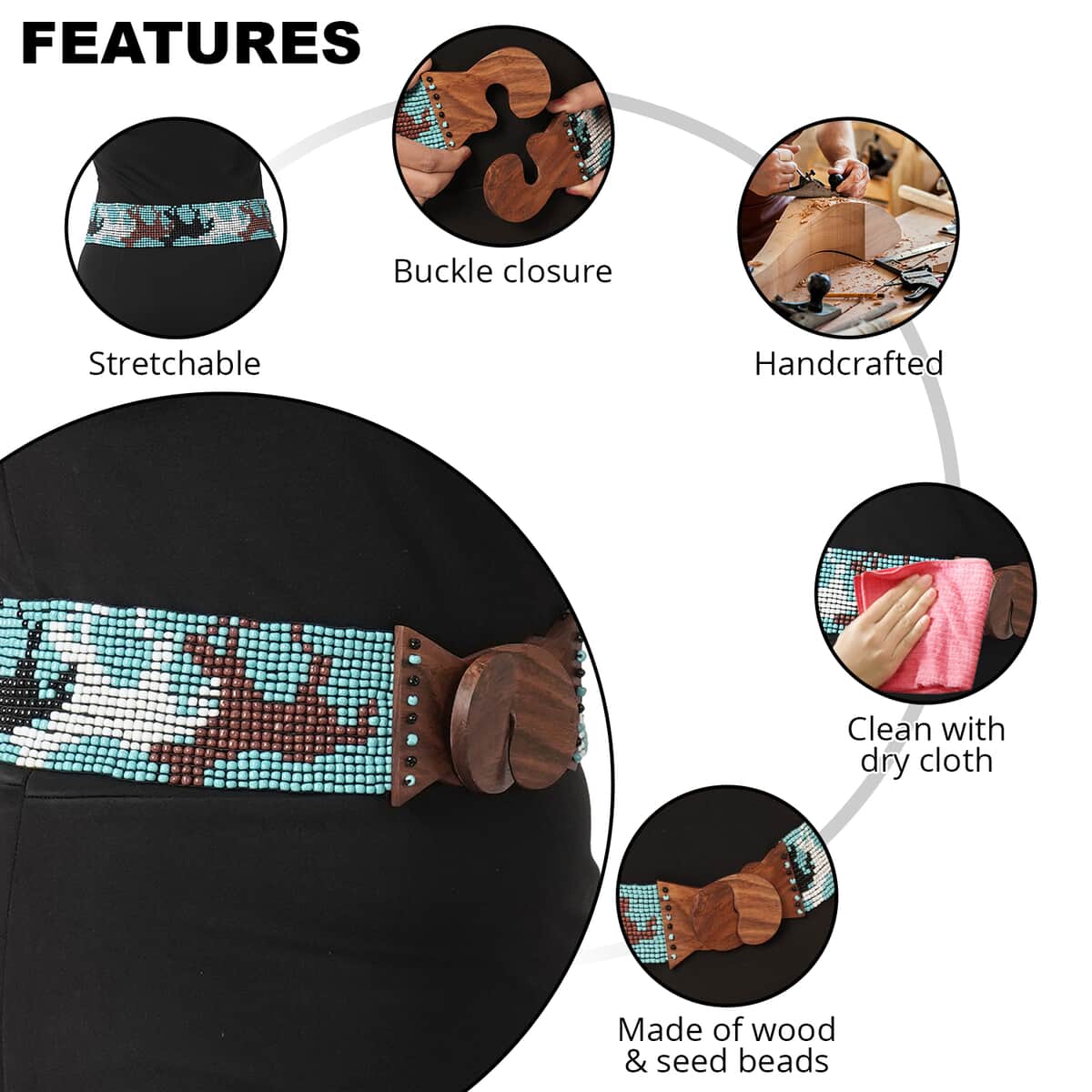 Handcrafted Multi Color Horse Pattern Seed Beaded Stretchable Belt with Wooden Buckle (Stretchable) image number 2