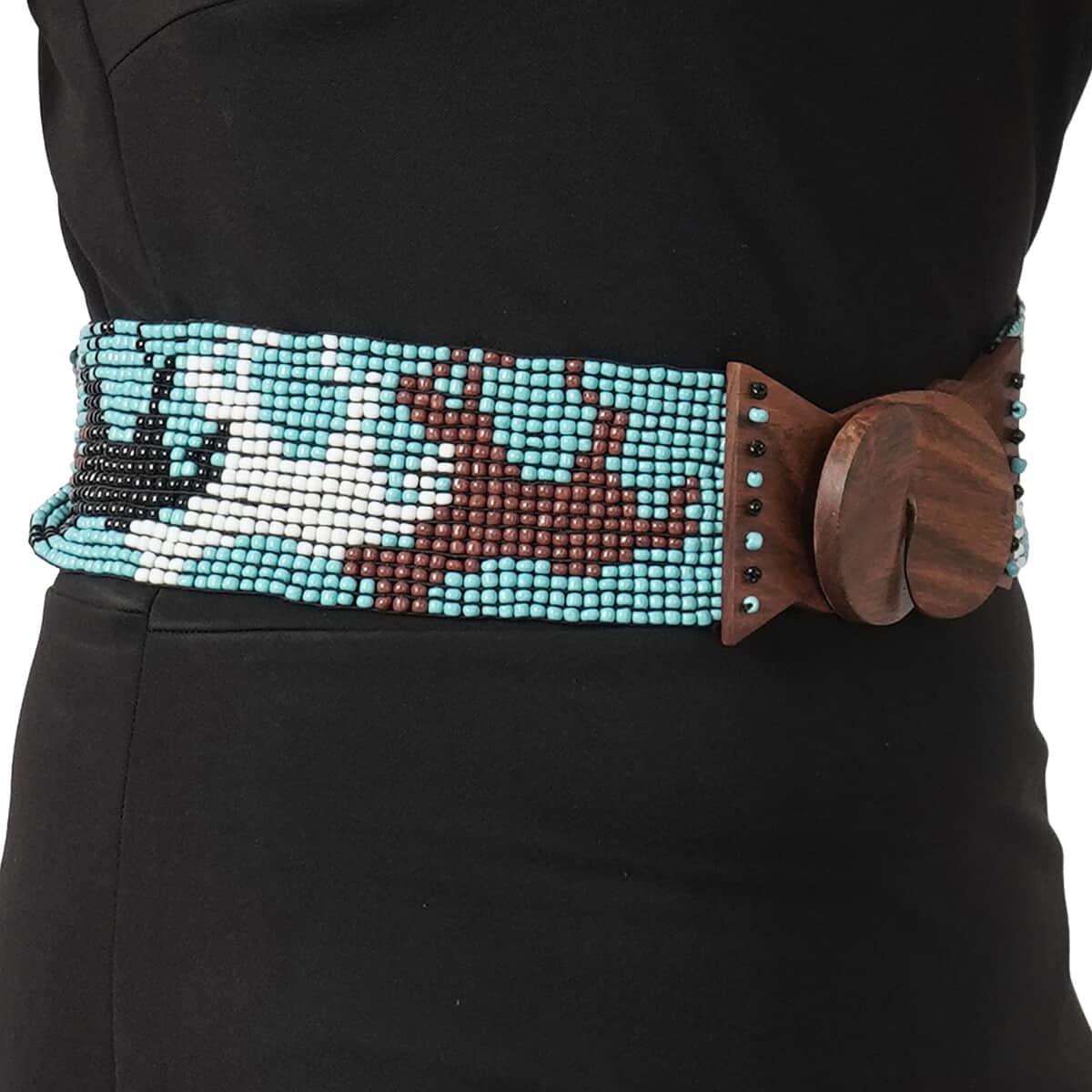 Handcrafted Multi Color Horse Pattern Seed Beaded Stretchable Belt with Wooden Buckle (Stretchable) image number 6