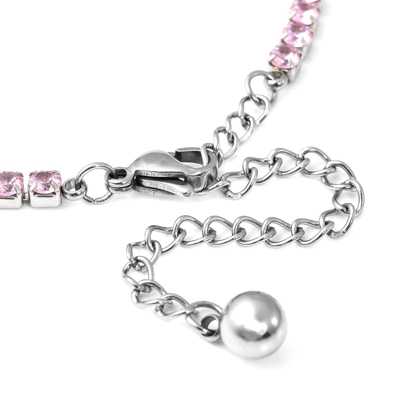 Simulated Pink Diamond Tennis Bracelet in Stainless Steel (6.50-8.50In)