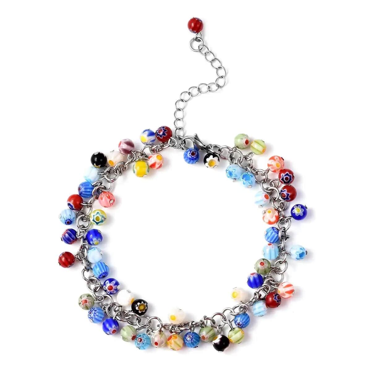 Multi Color Murano Style Beaded Charm Anklet 9-11 Inches in Stainless Steel image number 0
