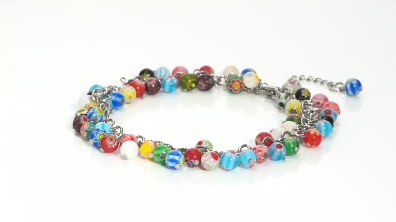 Multicolor Murano Style Charm Beaded Anklet (9-11 Inches) in Stainless Steel