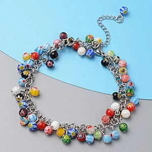 Multi Color Murano Style Beaded Charm Anklet 9-11 Inches in Stainless Steel