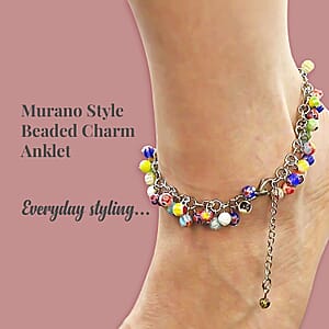 Multi Color Murano Style Beaded Charm Anklet 9-11 Inches in Stainless Steel
