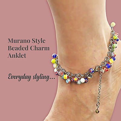 Multi Color Murano Style Beaded Charm Anklet 9-11 Inches in Stainless Steel