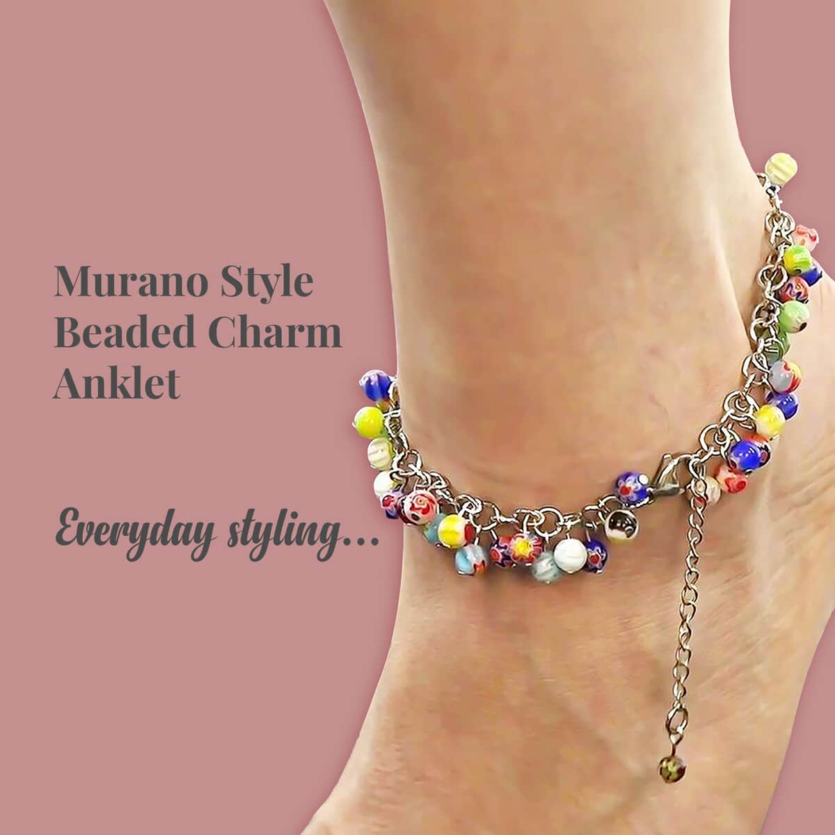 Multi Color Murano Style Beaded Charm Anklet 9-11 Inches in Stainless Steel image number 2
