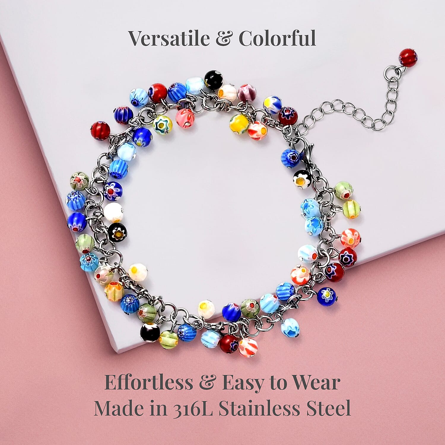 Multi Color Murano Style Beaded Charm Anklet 9-11 Inches in Stainless Steel