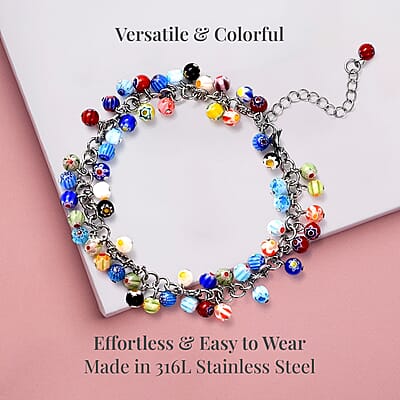 Multi Color Murano Style Beaded Charm Anklet 9-11 Inches in Stainless Steel