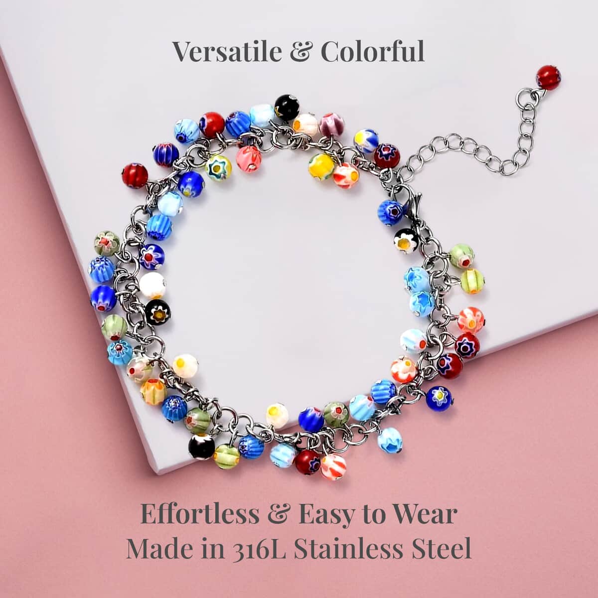 Multi Color Murano Style Beaded Charm Anklet 9-11 Inches in Stainless Steel image number 3