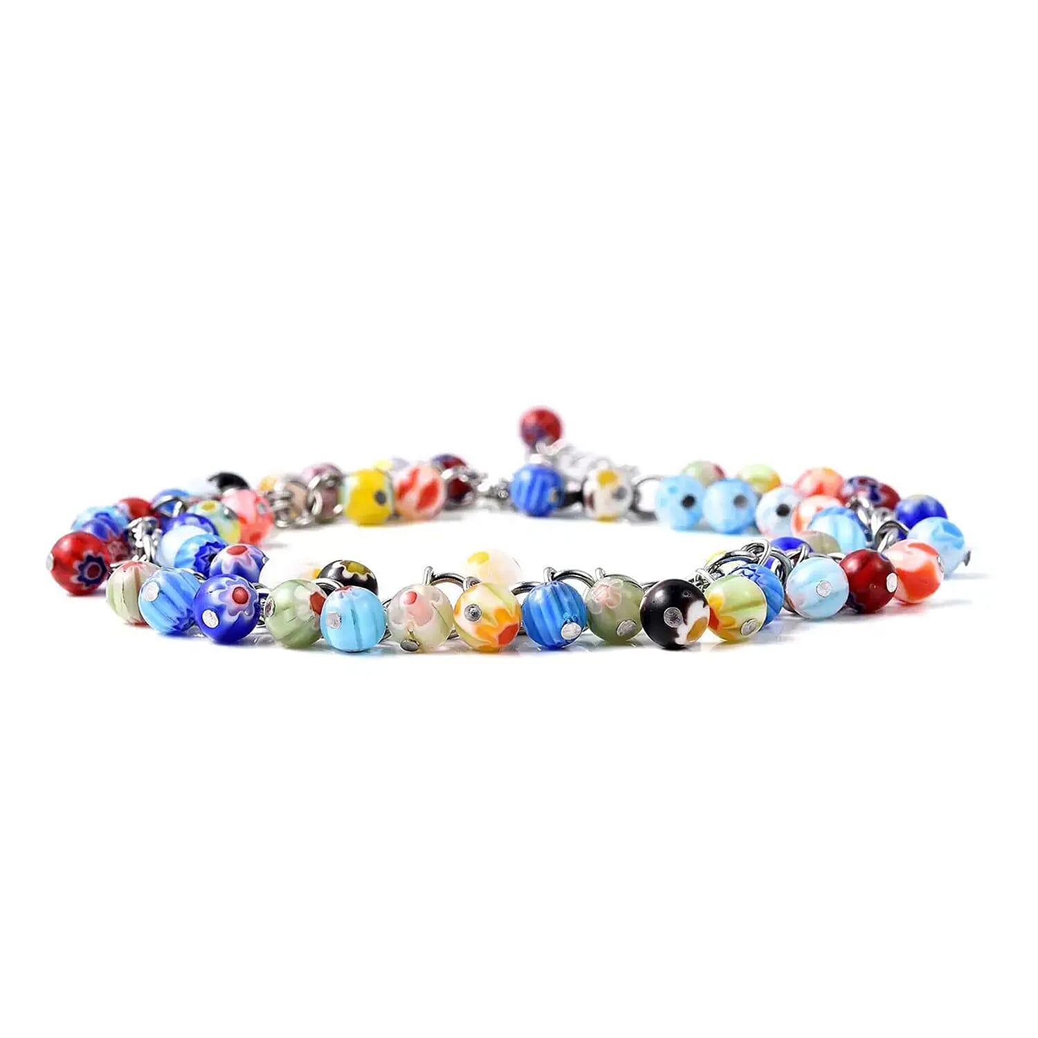 Multi Color Murano Style Beaded Charm Anklet 9-11 Inches in Stainless Steel