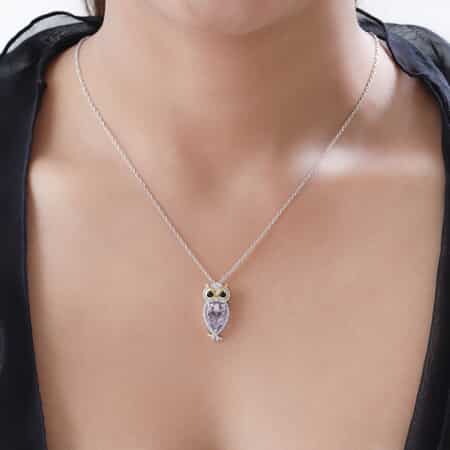 GP Rose De France Amethyst and Multi Gemstone Owl Pendant Necklace 20 Inches in 14K Yellow Gold and Platinum Over Sterling Silver 3.75 ctw image number 1