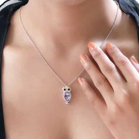 GP Rose De France Amethyst and Multi Gemstone Owl Pendant Necklace 20 Inches in 14K Yellow Gold and Platinum Over Sterling Silver 3.75 ctw image number 2