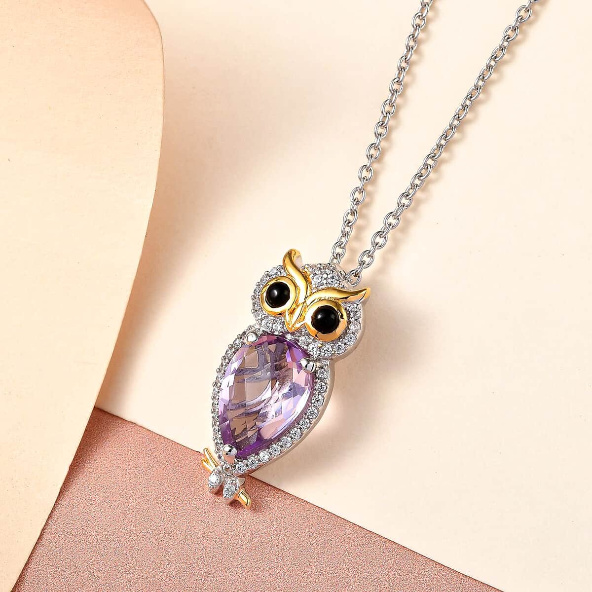 GP Rose De France Amethyst and Multi Gemstone Owl Pendant Necklace 20 Inches in 14K Yellow Gold and Platinum Over Sterling Silver 3.75 ctw image number 3