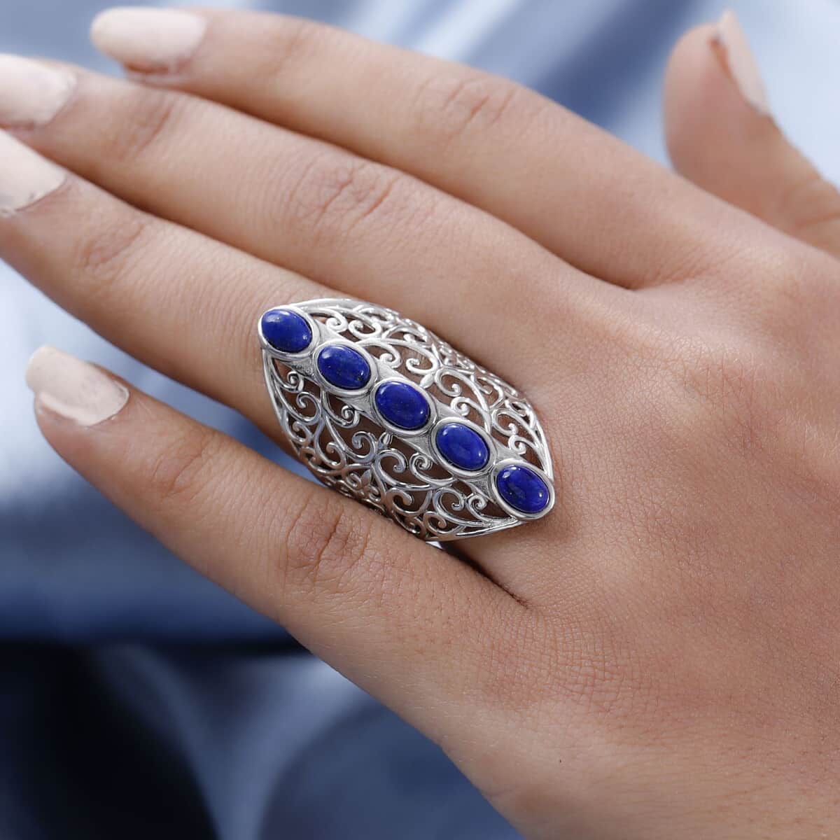 Karis Lapis Lazuli Openwork Elongated Ring in Platinum Bond (Size 10.0) 3.25 ctw image number 2