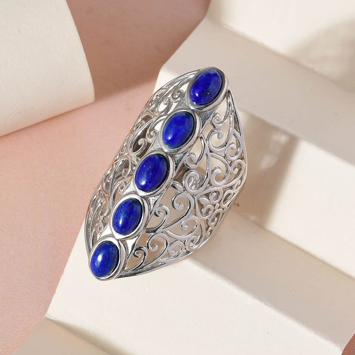 Karis Lapis Lazuli Openwork Elongated Ring in Platinum Bond (Size 5.0) 3.25 ctw image number 4