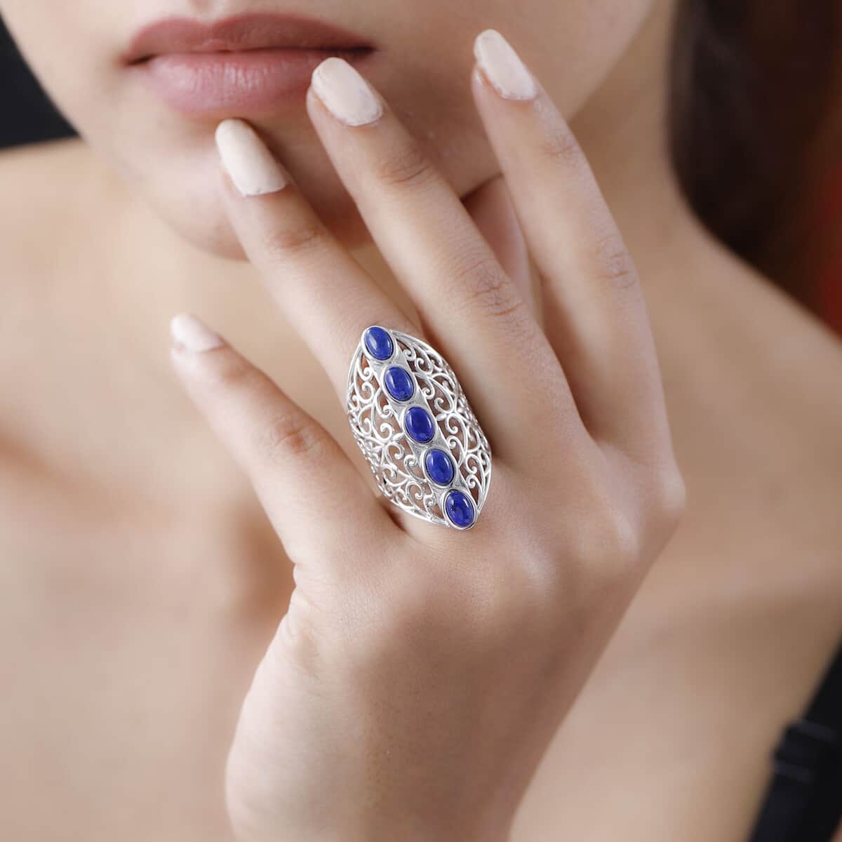 Karis Lapis Lazuli Openwork Elongated Ring in Platinum Bond (Size 6.0) 3.25 ctw image number 1
