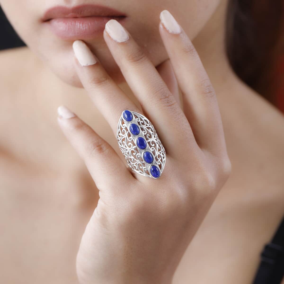 Karis Lapis Lazuli Openwork Elongated Ring in Platinum Bond (Size 9.0) 3.25 ctw image number 1