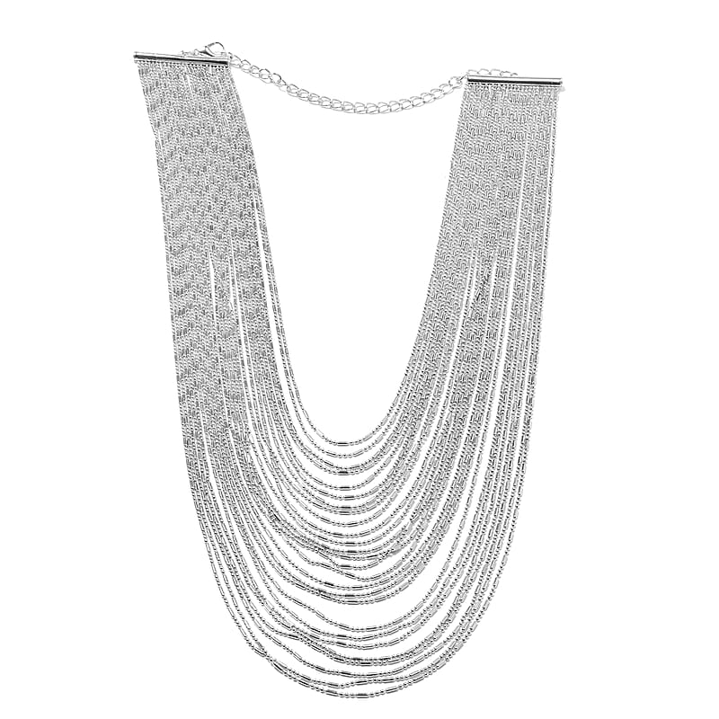 Multi-Row Waterfall Bib Necklace 18 Inches in Silvertone