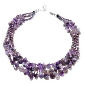 Amethyst Multi Strand Necklace in Black Oxidized Silvertone, Amethyst Bead Necklace, Beaded Jewelry For Women (18 Inches) 451.00 ctw