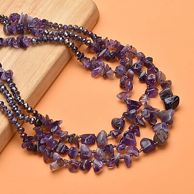 Amethyst Multi Strand Necklace in Black Oxidized Silvertone, Amethyst Bead Necklace, Beaded Jewelry For Women (18 Inches) 451.00 ctw