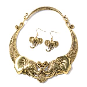 Elephant Earrings and Necklace Set in Goldtone 16 Inches, Chunky Statement Jewelry For Women