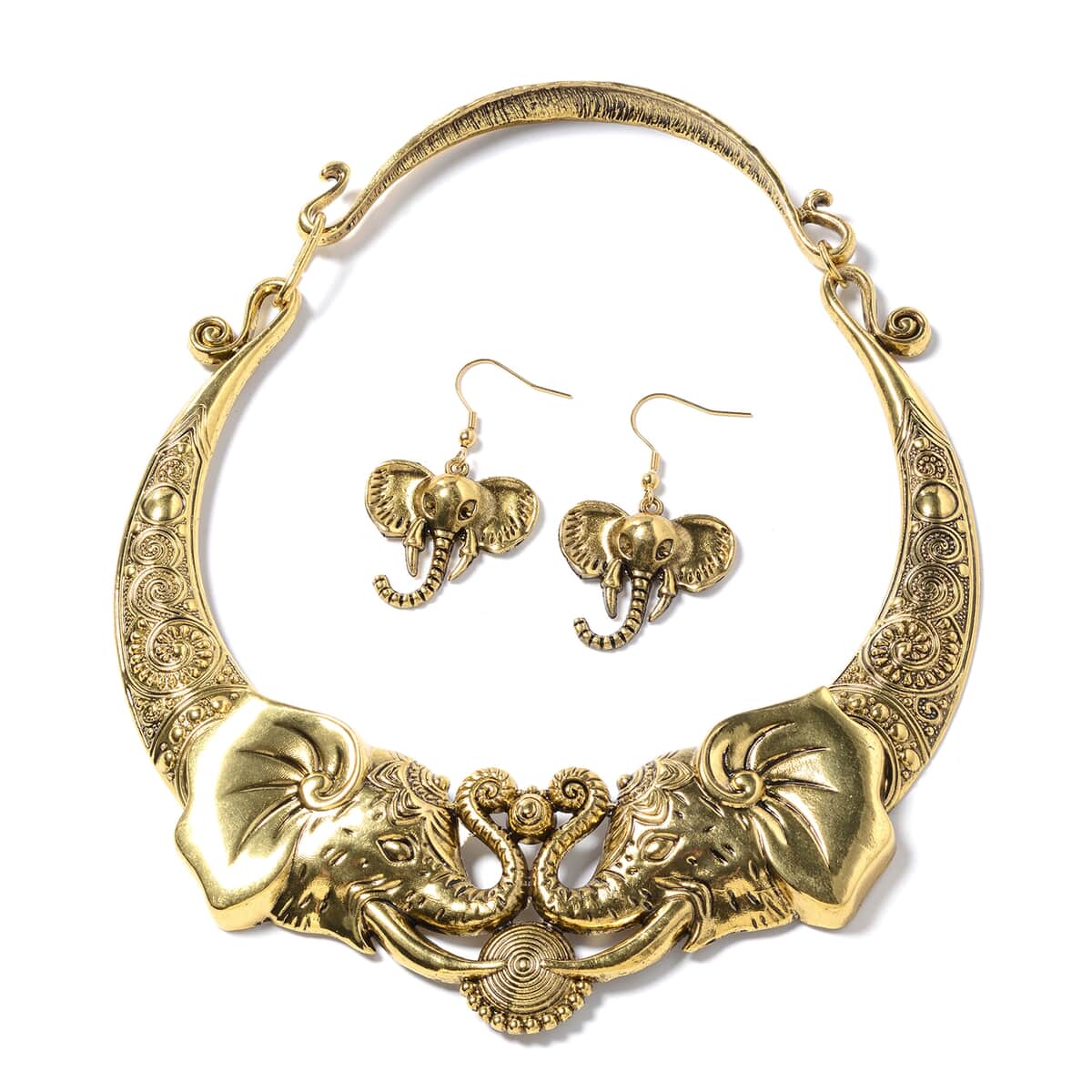 Elephant Earrings and Choker Necklace 16 Inches in Goldtone image number 0