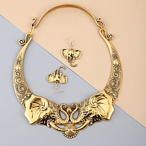 Elephant Earrings and Necklace Set in Goldtone 16 Inches, Chunky Statement Jewelry For Women