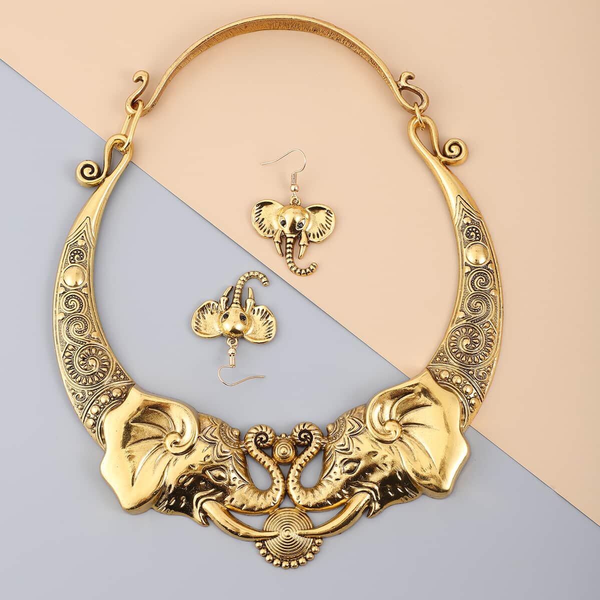 Elephant Earrings and Choker Necklace 16 Inches in Goldtone image number 1