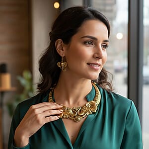 Elephant Earrings and Necklace Set in Goldtone 16 Inches, Chunky Statement Jewelry For Women