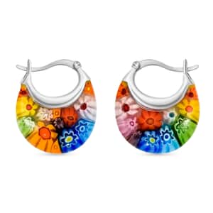 Multi Color Murano Style Basket Hoop Earrings in Stainless Steel, Floral Millefiori Earrings, Sweatproof Hypoallergenic Earrings