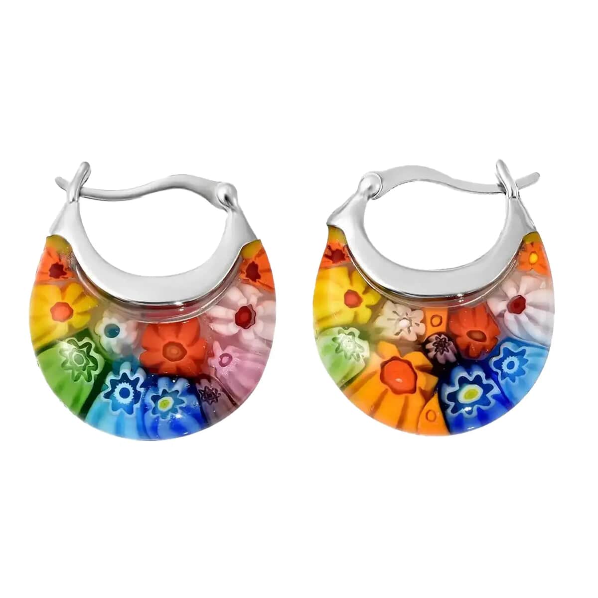 Multi Color Murano Style Basket Hoop Earrings in Stainless Steel, Floral Millefiori Earrings, Sweatproof Hypoallergenic Earrings image number 0