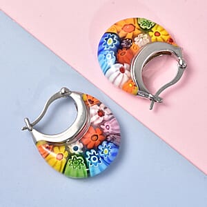 Multi Murano Style Basket Hoop Earrings in Stainless Steel, Floral Millefiori Earrings, Sweatproof Hypoallergenic Earrings
