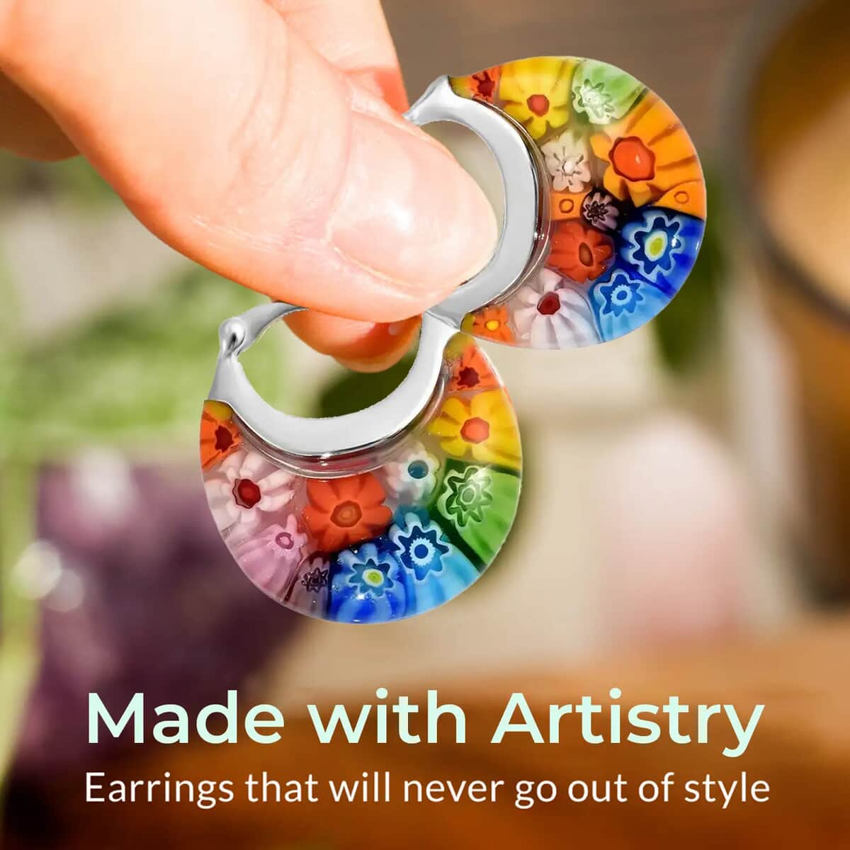 Multi Color Murano Style Basket Hoop Earrings in Stainless Steel, Floral Millefiori Earrings, Sweatproof Hypoallergenic Earrings image number 1