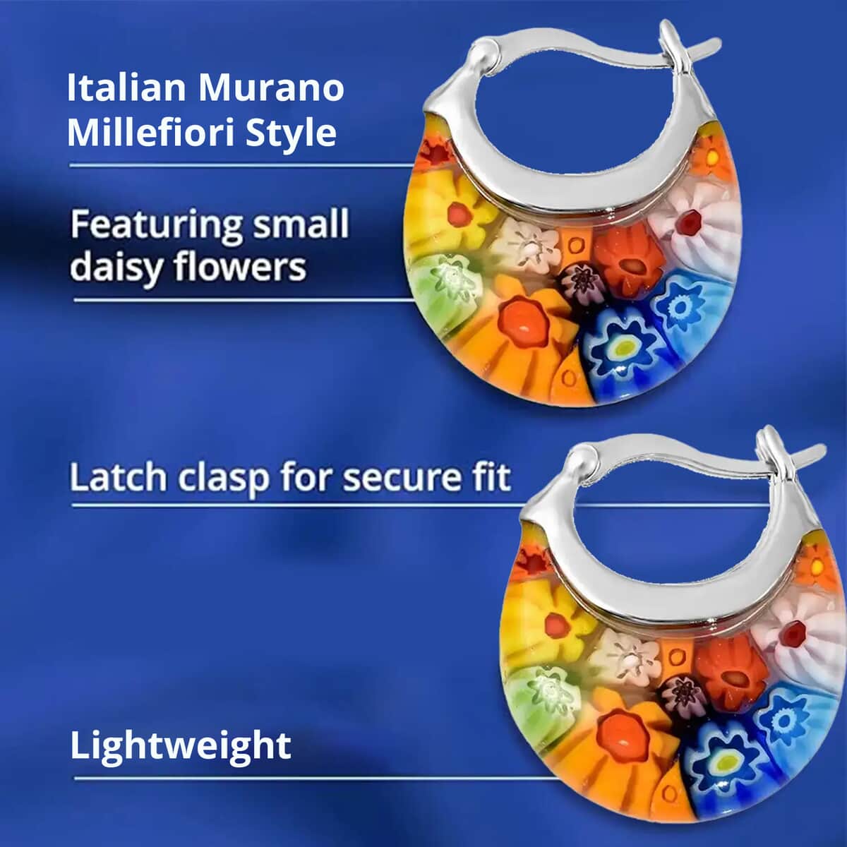 Multi Color Murano Style Basket Hoop Earrings in Stainless Steel, Floral Millefiori Earrings, Sweatproof Hypoallergenic Earrings image number 2