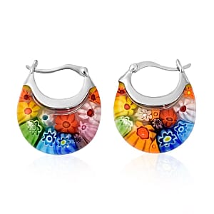 Multi Murano Style Basket Hoop Earrings in Stainless Steel, Floral Millefiori Earrings, Sweatproof Hypoallergenic Earrings