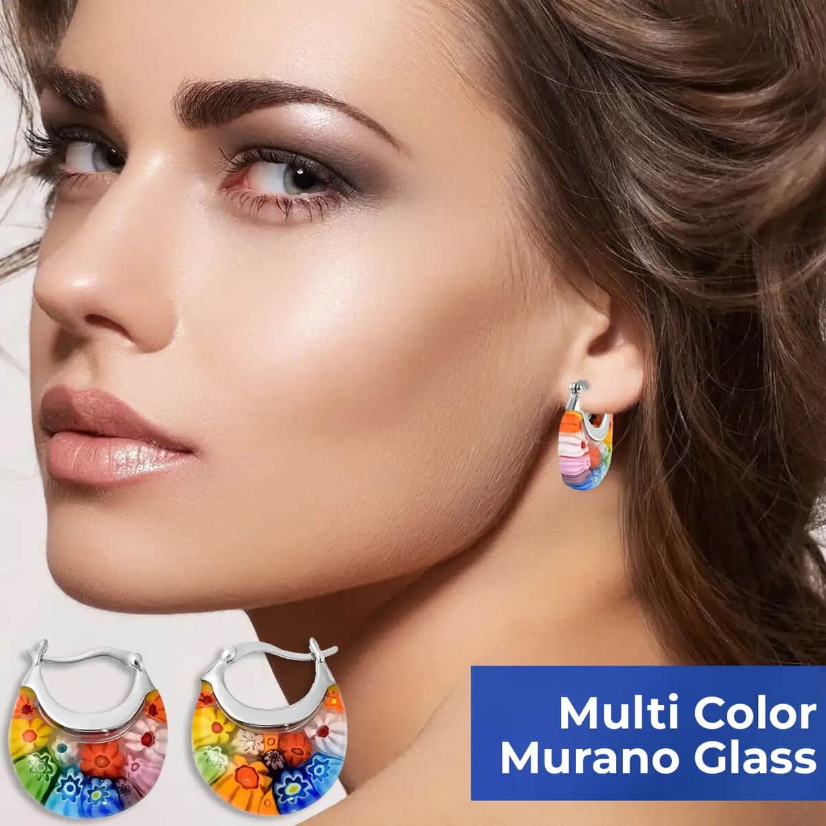 Multi Color Murano Style Basket Hoop Earrings in Stainless Steel, Floral Millefiori Earrings, Sweatproof Hypoallergenic Earrings image number 3