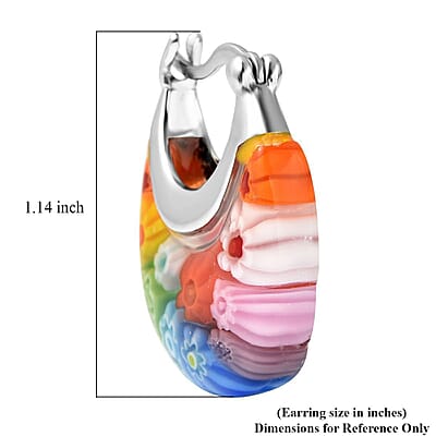 Multi Murano Style Basket Hoop Earrings in Stainless Steel, Floral Millefiori Earrings, Sweatproof Hypoallergenic Earrings