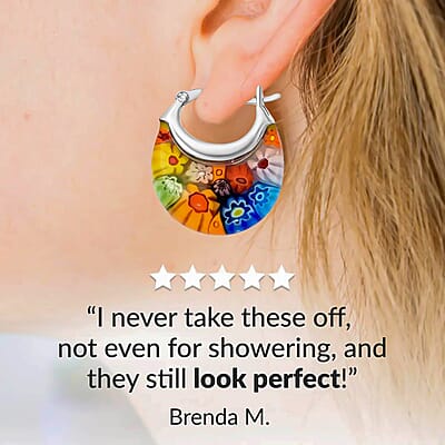 Multi Murano Style Basket Hoop Earrings in Stainless Steel, Floral Millefiori Earrings, Sweatproof Hypoallergenic Earrings