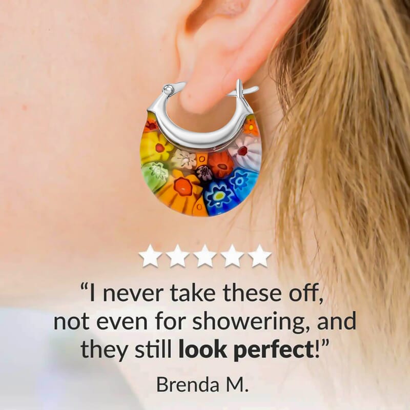 Multi Murano Style Basket Hoop Earrings in Stainless Steel, Floral Millefiori Earrings, Sweatproof Hypoallergenic Earrings