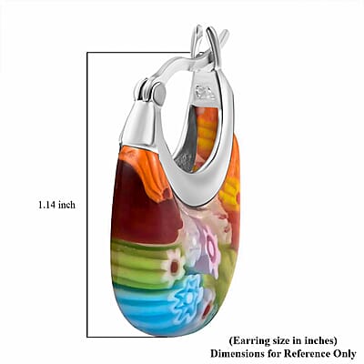 Multi Murano Style Basket Hoop Earrings in Stainless Steel, Floral Millefiori Earrings, Sweatproof Hypoallergenic Earrings