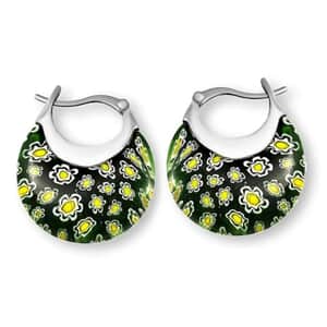 Green Murano Style Basket Hoop Earrings in Stainless Steel, Floral Millefiori Earrings, Sweatproof Hypoallergenic Earrings