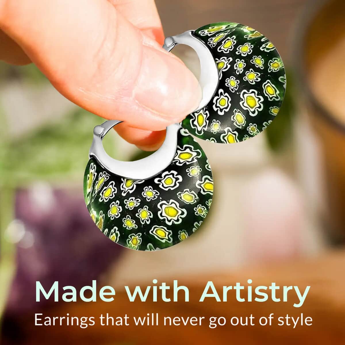 Green Murano Style Basket Basket Earrings in Stainless Steel, Floral Millefiori Earrings, Sweatproof Hypoallergenic Earrings image number 1