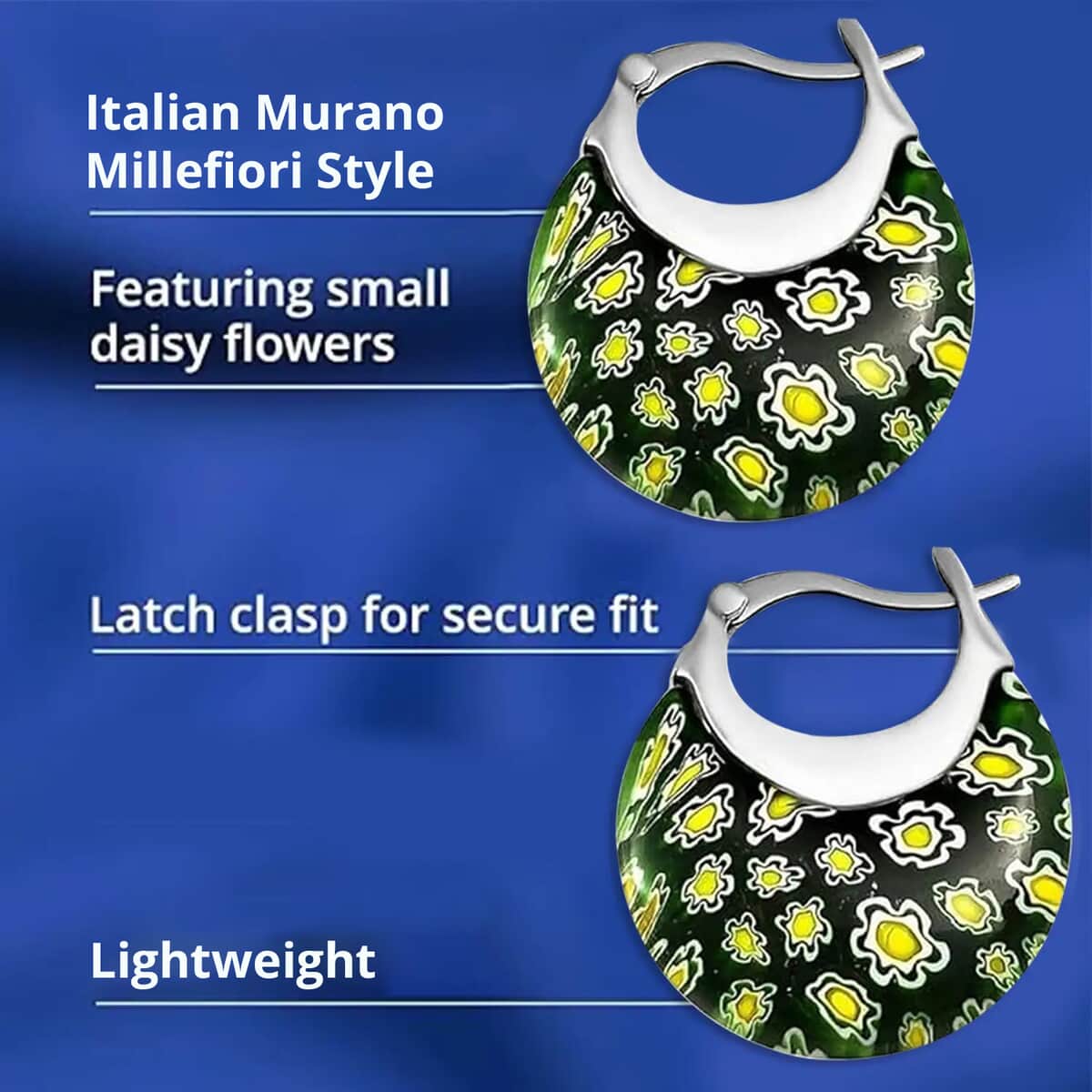 Green Murano Style Basket Basket Earrings in Stainless Steel, Floral Millefiori Earrings, Sweatproof Hypoallergenic Earrings image number 2