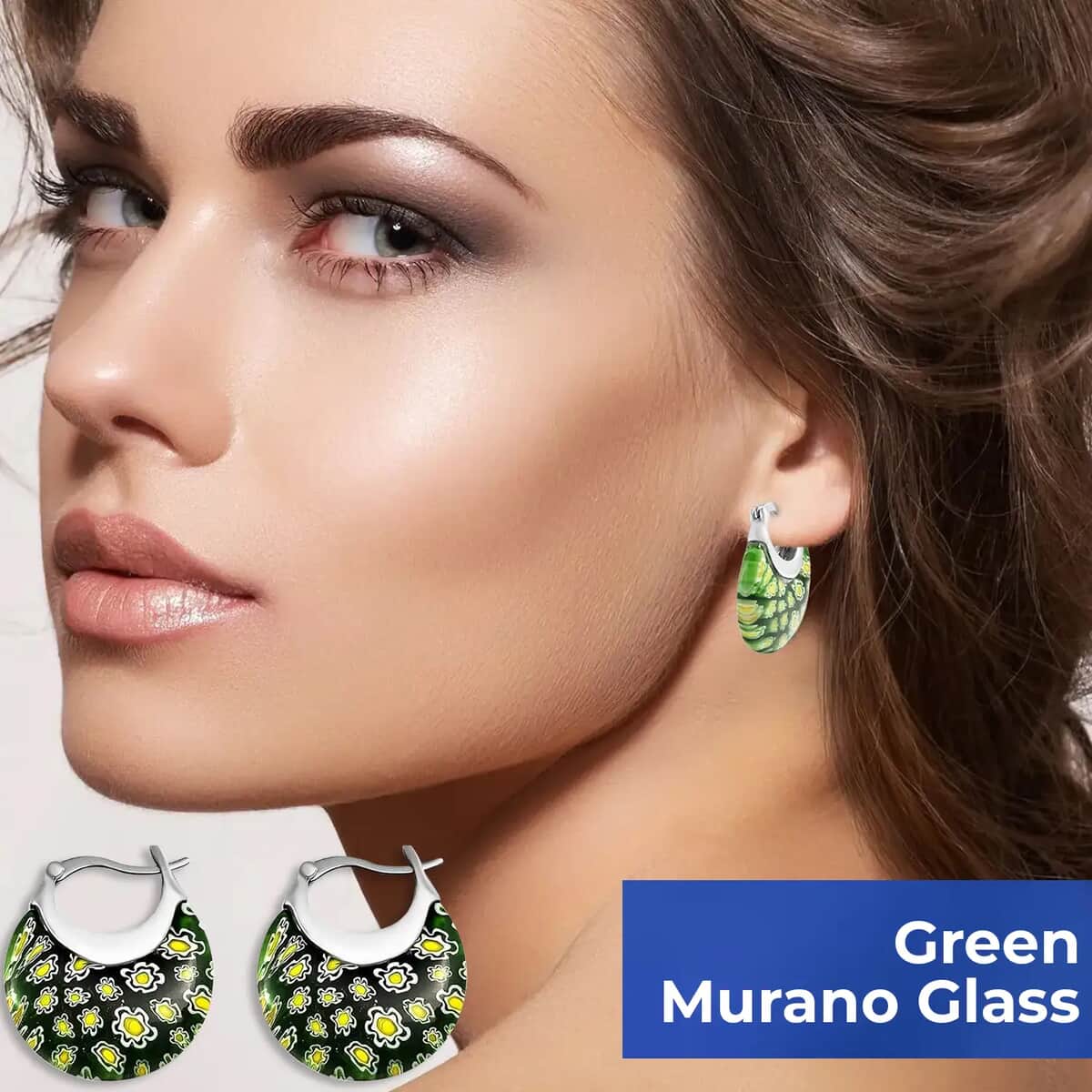 Green Murano Style Basket Basket Earrings in Stainless Steel, Floral Millefiori Earrings, Sweatproof Hypoallergenic Earrings image number 3
