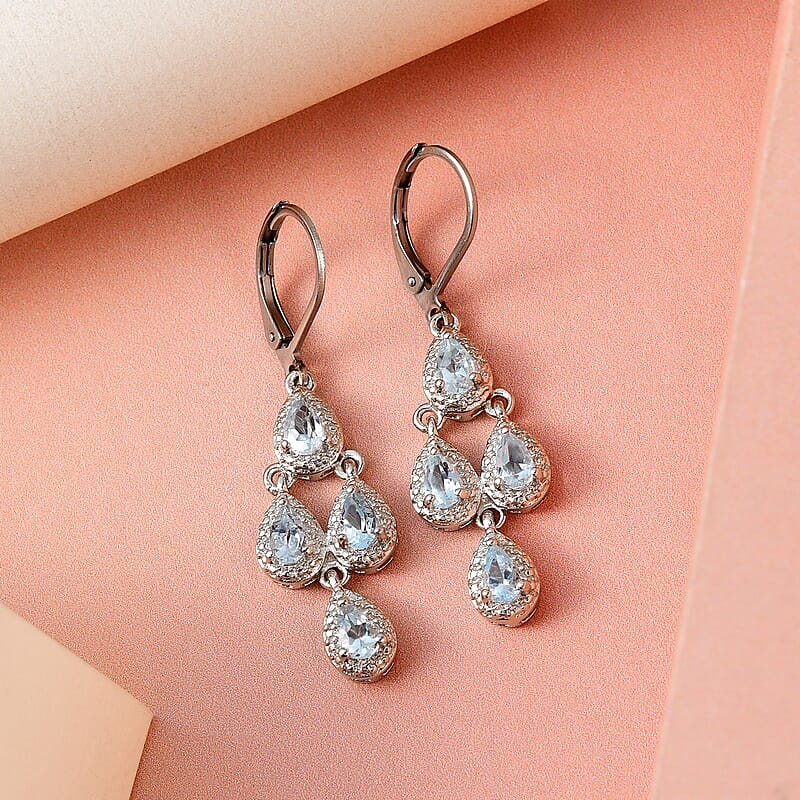 EverTrue Sky Blue Topaz Earrings in Platinum Bond Stainless Steel, Lever Back Earrings, Drop Earrings For Women 2.00 ctw