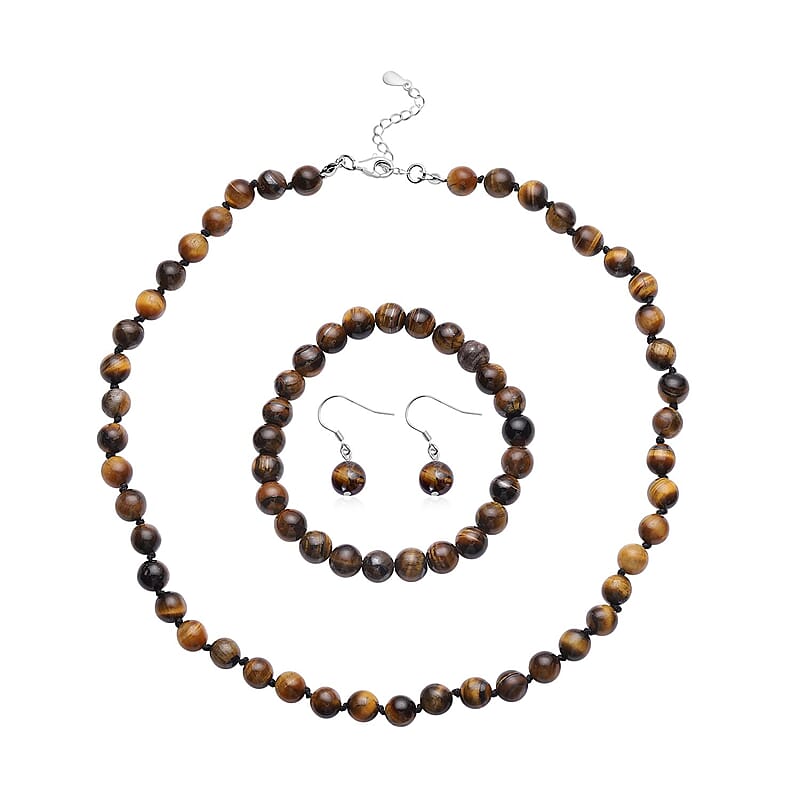 Tiger's Eye 281.50 ctw Beaded Stretch Bracelet, Earrings and Necklace Set in Sterling Silver (18.00 In)