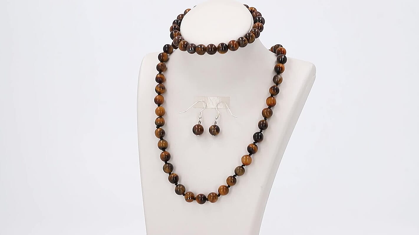 Tiger's Eye Beaded Stretch Bracelet, Earrings and Necklace Set in Sterling Silver (18.00 In) 281.50 ctw