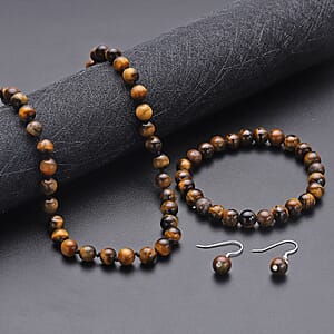 Tiger's Eye 281.50 ctw Beaded Stretch Bracelet, Earrings and Necklace Set in Sterling Silver (18.00 In)