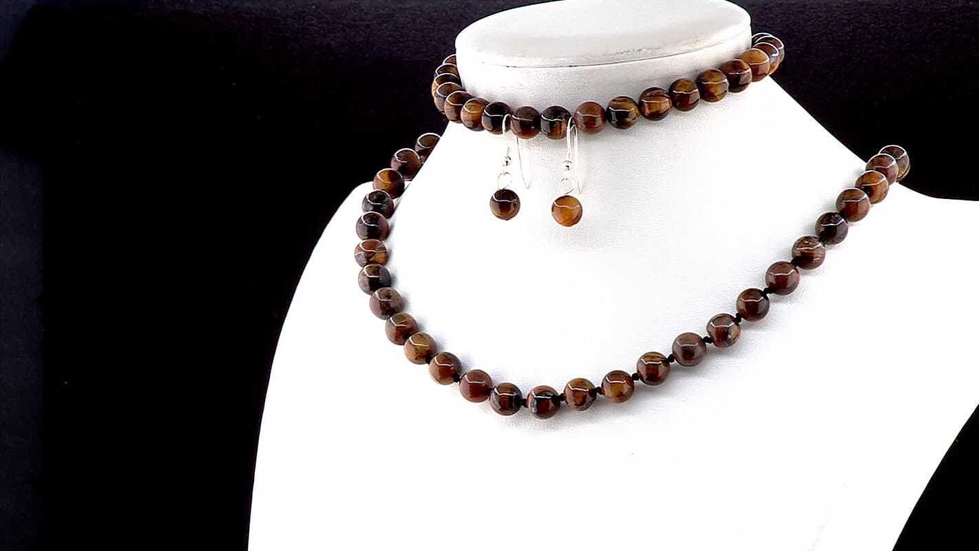 Tiger's Eye Beaded Stretch Bracelet, Earrings and Necklace Set in Sterling Silver (18.00 In) 281.50 ctw