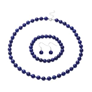 Lapis Lazuli Beaded Stretch Bracelet, Earrings and Necklace Set in Sterling Silver (18.00 In) 277.00 ctw